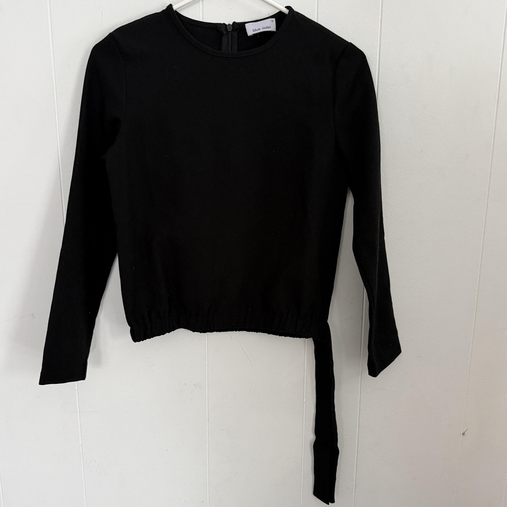 Blue Violet Blouse Girls 14 Black Long Sleeve Stretch Tie Hem Bow Top